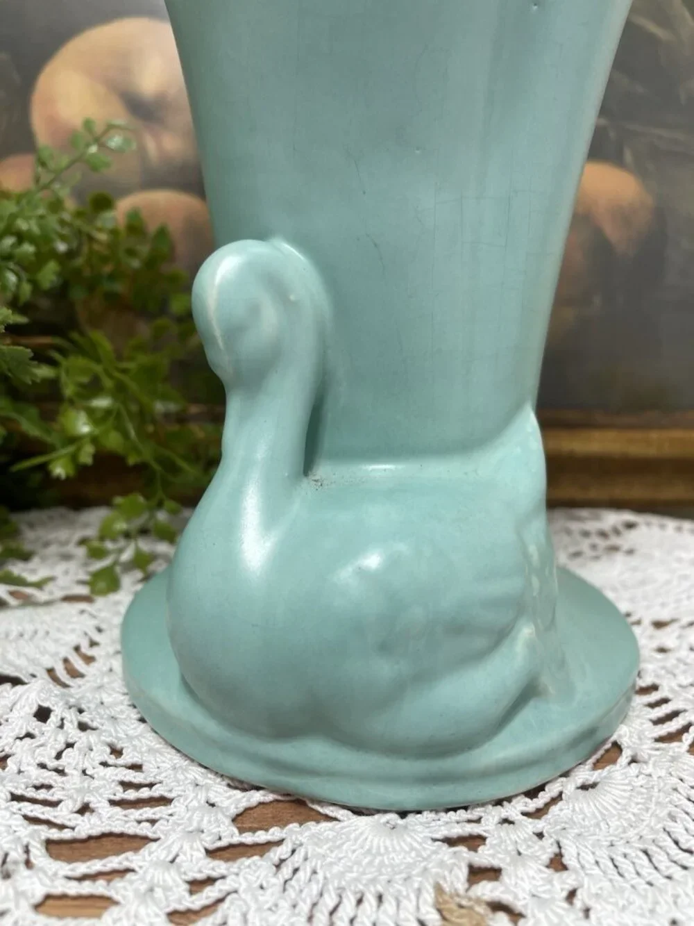 Green Blue Double Swan Pottery Vase Mid Century Modern Beautiful Soft Teal Color